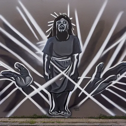 Prompt: black graffiti spray-paint mural of blindfolded Jesus, arms outstretched, rays of light emanate from his fingers, painted on a concrete wall by Minerva Teichert, Portra 400