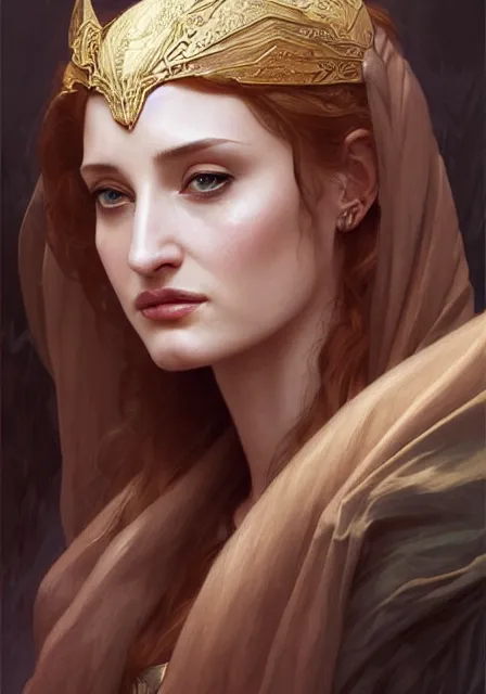 Image similar to sansa old mummy angeline jolie gessica chastain, intricate, elegant, highly detailed, digital painting, artstation, concept art, smooth, sharp focus, illustration, art by artgerm and greg rutkowski and alphonse mucha and william - adolphe bouguereau