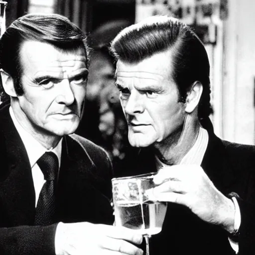 Prompt: a young sean connery and roger moore having a drink in an irish pub