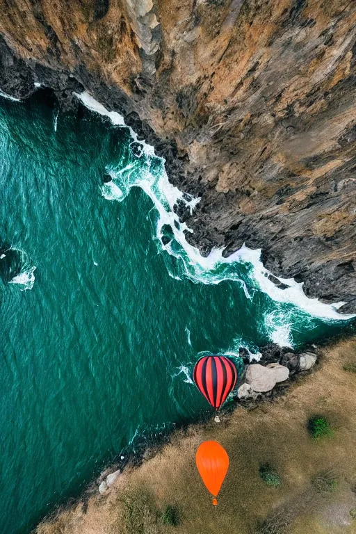 Prompt: cinematic hairy tiger attached to a large open balloon parachute jumping from a mountain cliff. photo captured by a drone. wide angles lens. epic