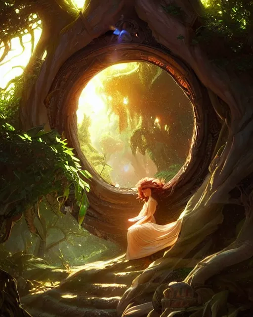 Image similar to A time portal inside a tree, deep focus, D&D, fantasy, intricate, elegant, highly detailed, digital painting, artstation, concept art, matte, sharp focus, illustration, hearthstone, art by Artgerm and Greg Rutkowski and Alphonse Mucha