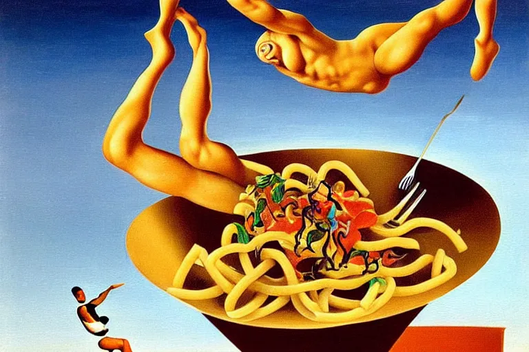 Image similar to olympic diver diving into a dish of pasta, detailed surrealist painting by salvador dali