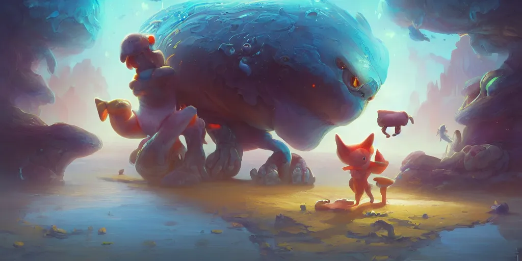 Prompt: Aesthetic landscape painting of cute alien animals playing with each other , cgsociety, fantasy art, concept art , ambient occlusion, behance hd , concept art by Jesper Ejsing, by RHADS, Makoto Shinkai Cyril Rolando