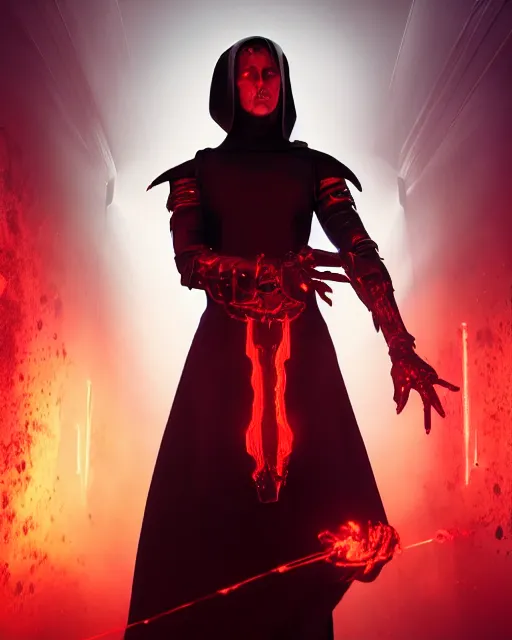 Prompt: a portrait of a dark sci fi nun performing a blood sacrifice wearing sci fi armor, cinematic lighting, smooth, dark sci fi, unreal engine, octane render, by blizzard studios, golden rule, subject in center of frame, fog volumes, vivid color glow, cgsociety