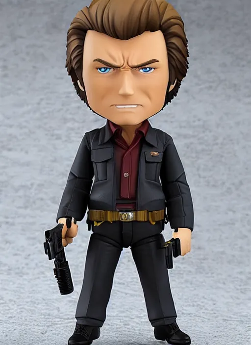 Image similar to clint eastwood, a nendoroid of clint eastwood is dirty harry figurine, realistic face, detailed product photo