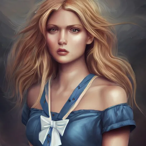 Image similar to epic portrait an beautiful woman wearing sailor outfit short sleeved and standing on a boat, beauty, pretty face, glossy skin, long blonde flowing hair, shiny skin, muscular, digital painting, artstation, concept art, soft light, hdri, smooth, sharp focus, illustration, fantasy, intricate, elegant, highly detailed, D&D, matte painting, in the style of Greg Rutkowski and Alphonse Mucha and artemisia, 8k, highly detailed, jurgens, rutkowski, bouguereau, pastoral, rustic, georgic, detailed concept art, illustration, colorful pastel, painting, detail, ultra detailed, digital art, 4K,