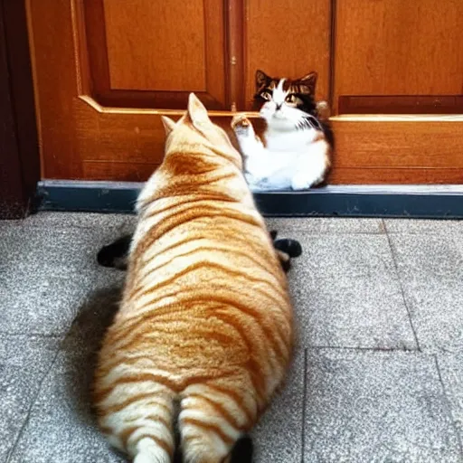 Prompt: gigantic fat cat blocking the doorway, annoyed human staring at the giant cat blocking the door