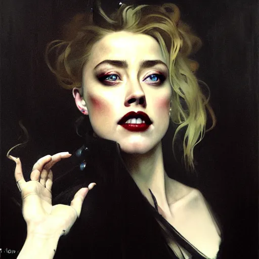 Prompt: hyperrealistic portrait of a woman as amber heard as a vampire witch in a black coat closing a window with a mysterious grin. by jeremy mann and alphonse mucha, fantasy art, photo realistic, dynamic lighting, artstation, poster, volumetric lighting, very detailed faces, 4 k, award winning