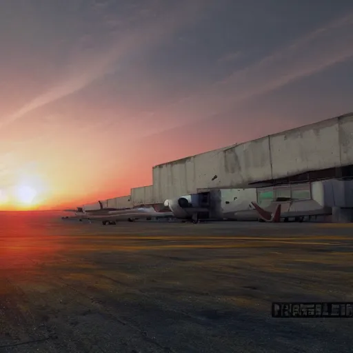Image similar to photo of a 8k ultra realistic abandoned airport, planes, jets, sunset, cinematic lighting, trending on artstation, enreal engine 5, masterpiece,