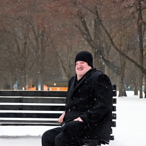 Prompt: Kevin Malone wearing a black beanie hat and black wool overcoat sitting on a park bench during the winter