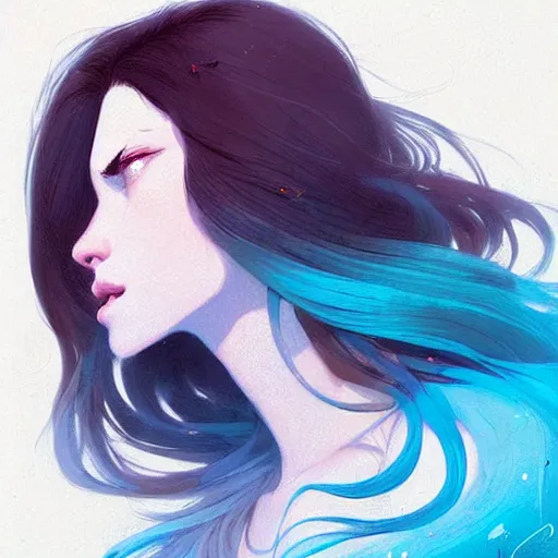 Image similar to beautiful artistic - wave highly detailed portrait female, front facing, long blue hair, in a music festival, by atey ghailan, by greg rutkowski, by greg tocchini, by james gilleard, by joe fenton, by kaethe butcher, dynamic lighting, gradient light blue, brown, blonde cream and white color scheme, grunge aesthetic