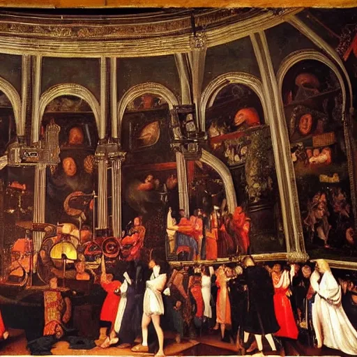 Image similar to The Beatles playing in the Globe Theatre, Renaissance art oil painting,