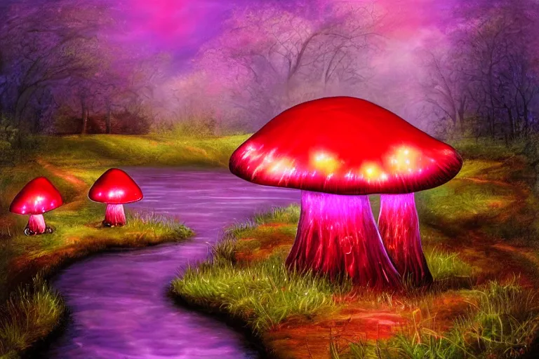 Image similar to a painting of giant mushrooms with lights next to a small bridge, flowing water, digital art, scenic, reds, purples, pink, reflections,