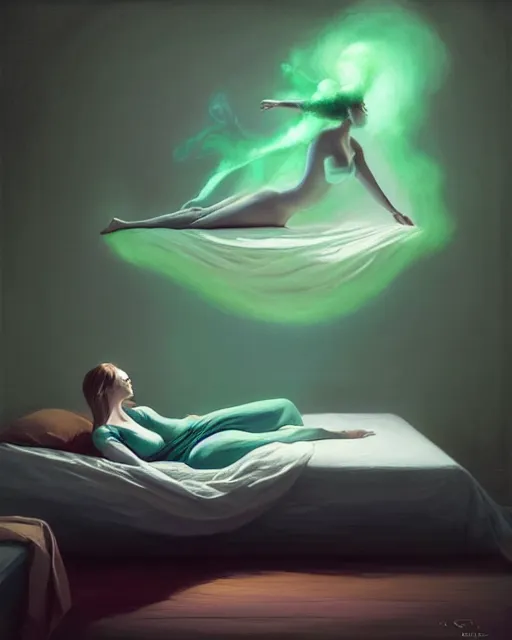 Prompt: a woman floating abover her bed at night, astral projection, green smoke!! surreal concept art, lifelike, photorealistic, digital painting, aesthetic, smooth, sharp focus, artstation hd, artgerm and by greg rutkowski, bruce pennington, valentina remenar, rhads, asher duran,