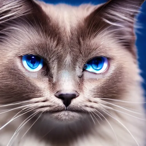 Image similar to studio photograph of a birman cat, bright blue eyes, warm brown colorpoints, hd, studio lighting, stock photo, longhaired, anatomically accurate