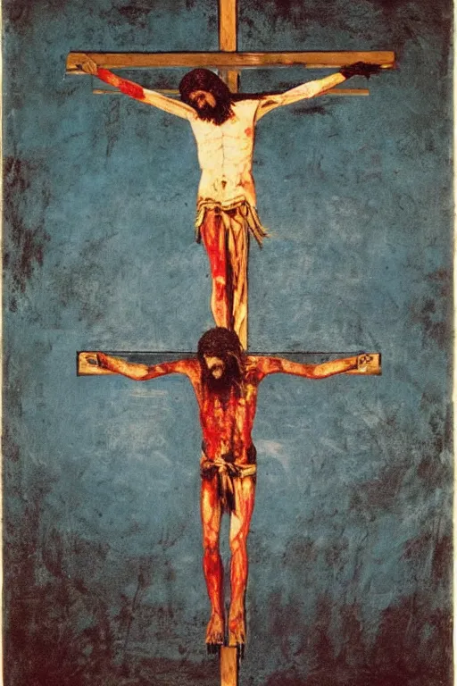 Image similar to bloody jesus christ crucified with a ufo of light right above his head painted by cy twombly and andy warhol