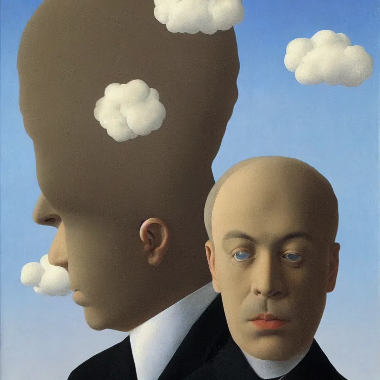 Prompt: portrait of a man whos head is a cloud, by rene magritte, detailed painting, hd, hq, high resolution, high detail, 4 k, 8 k