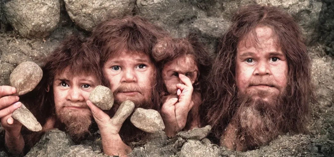 Prompt: portrait of little cuties 3 times oversized head caveman make a stone tool, a colorized photo, colorized, # film, movie still