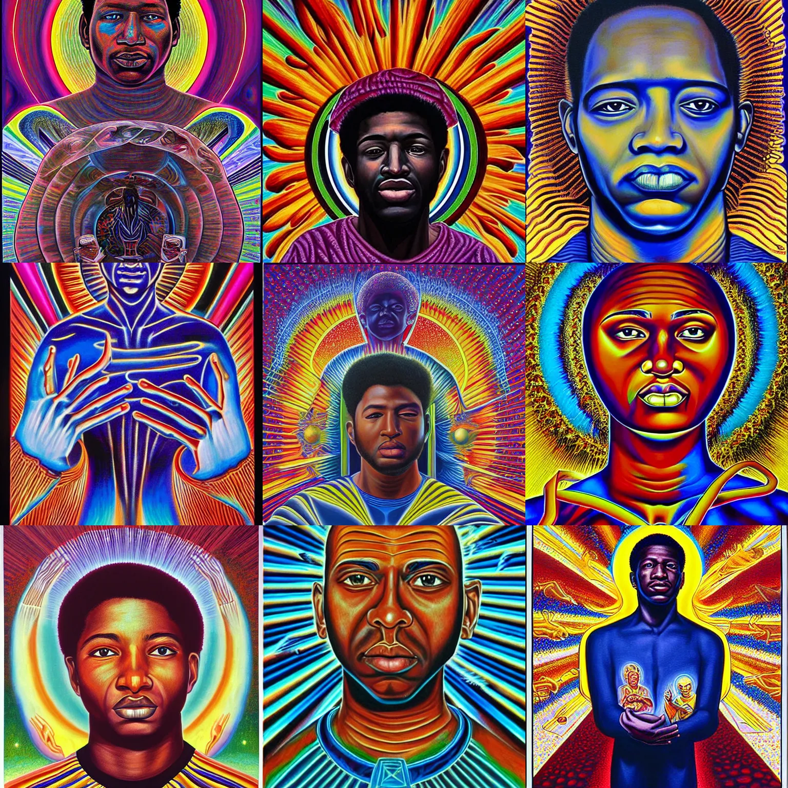 Prompt: young Fred hampton painting by alex grey in the style of cosmic christ by alex grey