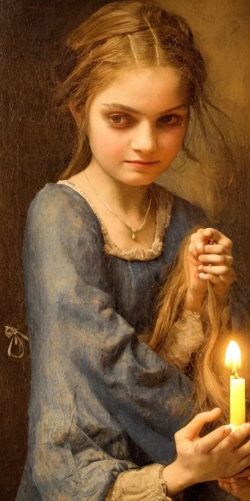 Image similar to Highly detailed and cinematic romantic period oil painting of a medieval peasant girl holding a candle, strong atmosphere, oil painting masterpiece by Josep Tapiró Baró, symmetry, fractals