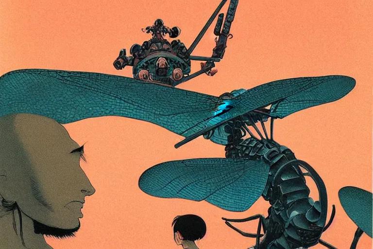 Image similar to gigantic dragonflies with human faces catch tiny robots, a lot of exotic mechas robots around, human heads everywhere, risograph by kawase hasui, dirtyrobot, edward hopper, satoshi kon and moebius, colorful flat surreal design, super - detailed, a lot of tiny details, fullshot