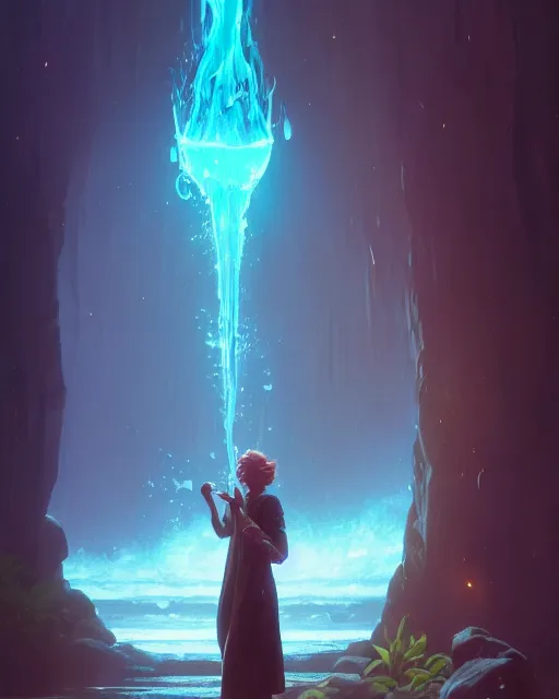 Image similar to highly detailed vfx portrait a mage casting a water spell, stephen bliss, unreal engine, greg rutkowski, loish, rhads, beeple, makoto shinkai and lois van baarle, ilya kuvshinov, rossdraws, tom bagshaw, alphonse mucha, global illumination, detailed and intricate environment