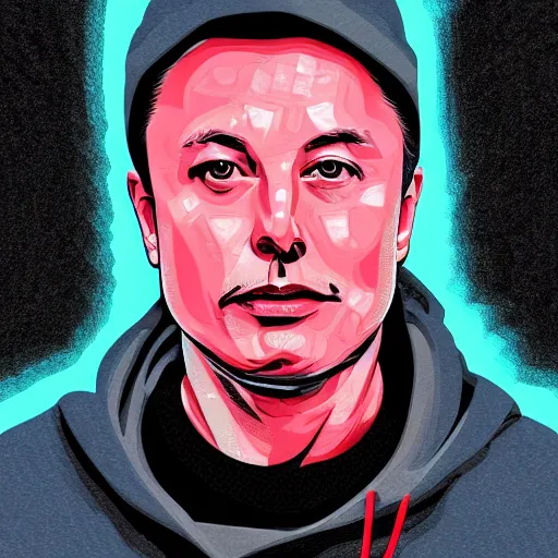 Image similar to vector elon musk in hoodie, portrait, vaporwave, synthwave, neon, vector graphics, cinematic, volumetric lighting, f 8 aperture, cinematic eastman 5 3 8 4 film, photorealistic