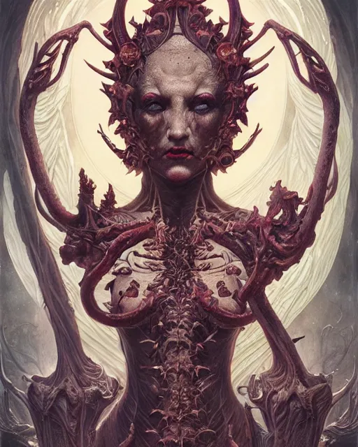 Prompt: perfectly centered portrait front view of a dead rotten beautiful female daemon growing ornamentation, ornate, detailed, symmetrical, elegant, beautifully soft lit, by wayne barlowe, peter mohrbacher, kelly mckernan