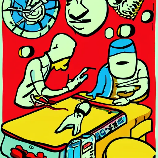 Image similar to chinese surgery operating table, in the style of daniel johnston and outsider art, 8k, line brush, overlaid with chinese adverts