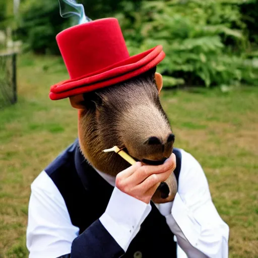 Image similar to smoking cigar, a man wearing a suit capybara head wearing a hat (smoking cigar)