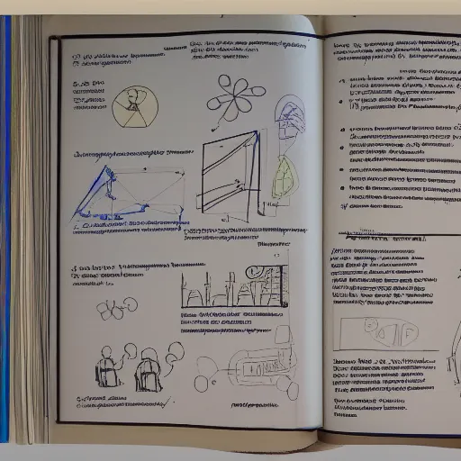 Prompt: photo of an open technical diagram book from the 9 0 s : : scribbles over the pictures : :