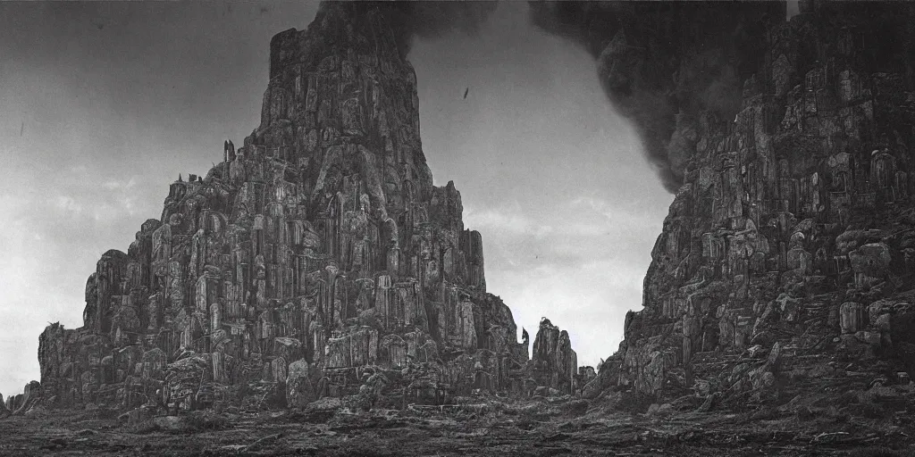 Image similar to lost city the future, scifi, blade runner on the auyan tepui, vintage photograph, bw, by edward s curtis, realistic,