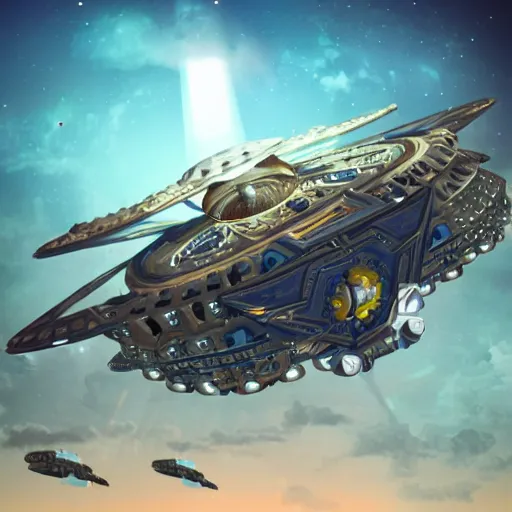 Image similar to advanced futuristic starship colony ship flying across the galaxy, steampunk with gears and cogs and lasers