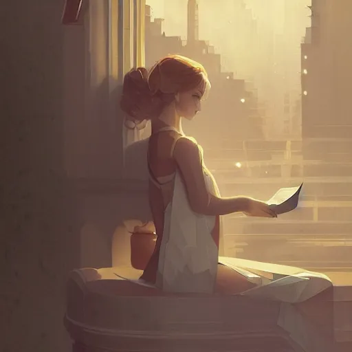 Image similar to seductive goddes reading newspaper in modern city in the style of Durand and greg rutkowski, beautiful, geometric, trending on artstation, cinematic