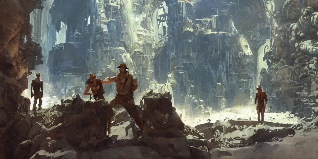 Prompt: a concept art of the Indiana Jones and the Fate of Atlantis videogame. By Craig Mullins and Ralph Mcquarrie