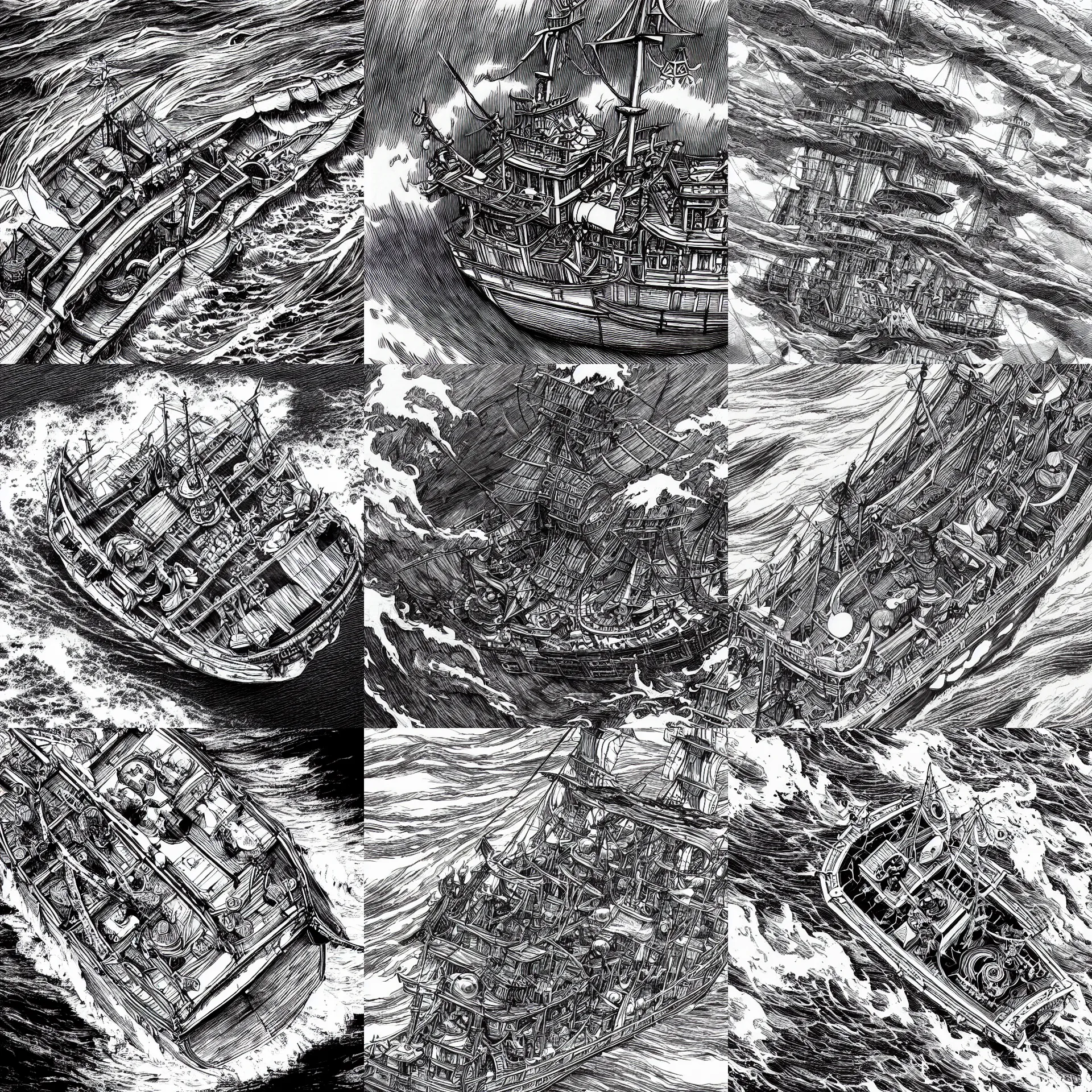 Prompt: highly detailed ink illustration, high angle shot of the main deck of a vivid pirate ship as it sails through a stormy sea, b & w clean shaped illustration by kim jung gi