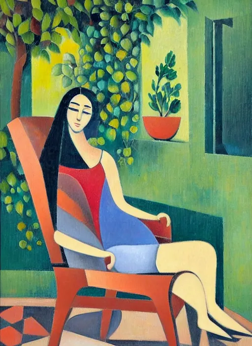 Prompt: figurative oil painting of a woman relaxing in a chair in her garden, art by didier lourenco, spanish modernism style, patterned background, balanced and aesthetically pleasing natural colors
