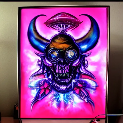 Prompt: psychedelic backlit airbrush artwork of a stylized orc biker