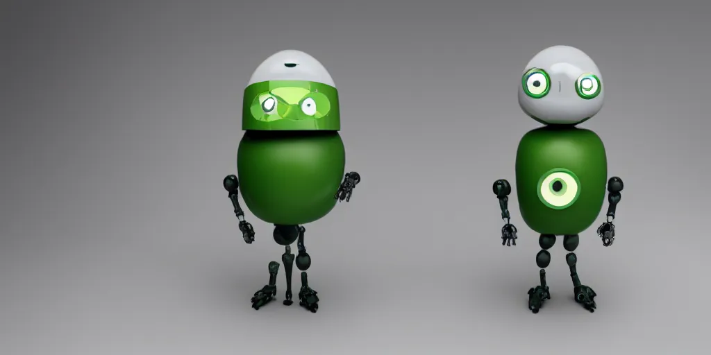 Prompt: robot with avocado head and cute eyes that has forks instead of arms