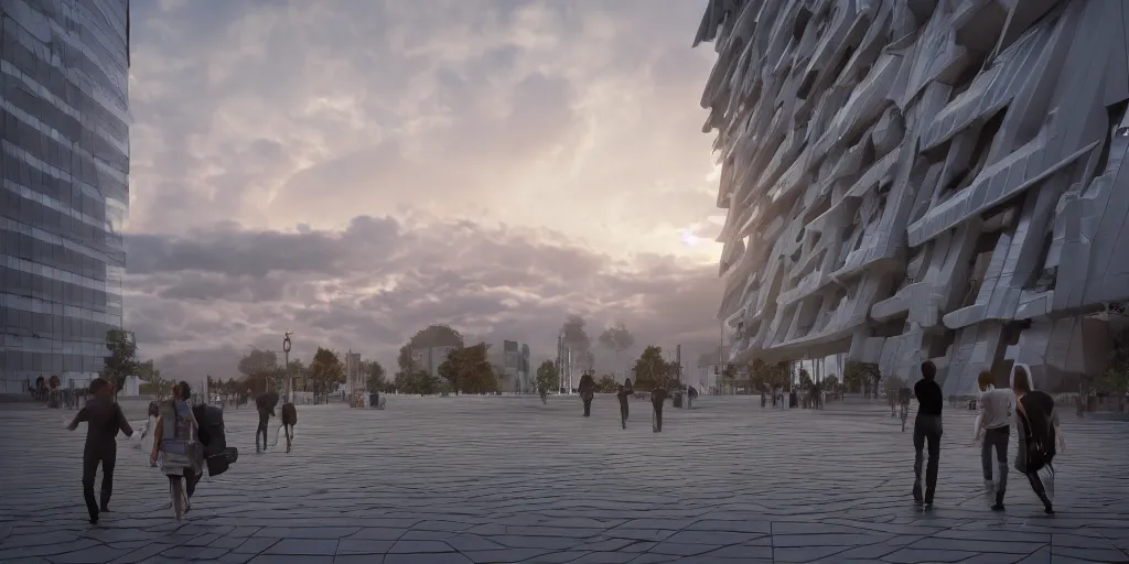 Prompt: extremely detailed photorealistic architectural visualization,corona octane render, vray chaos group, correct composition, building in high-tec style, award architecture detailed, with correct lines and correct perspective, on the beautiful cloudy sky sunset background and detailed beautiful people walking around