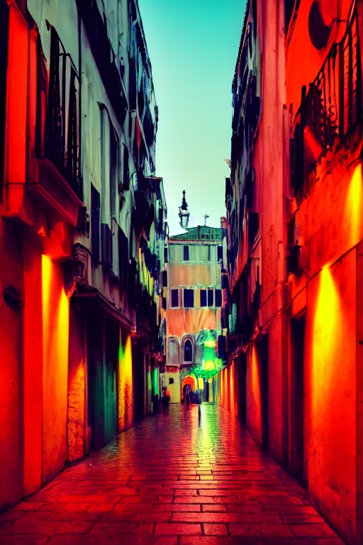 Image similar to neon streets of venice, 4 k, award winning photo, cyberpunk style