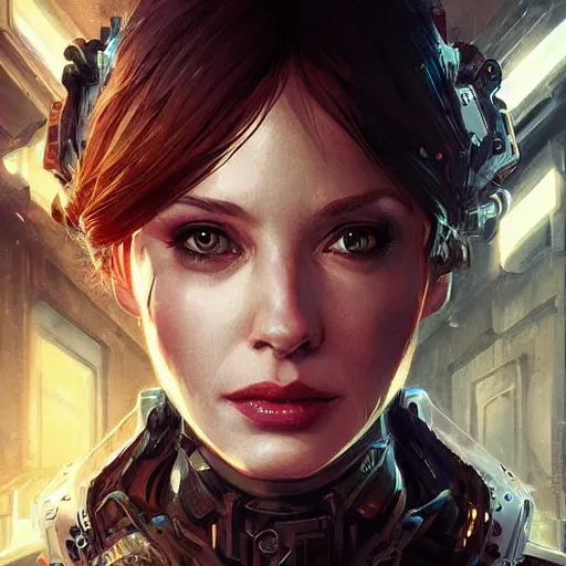 Prompt: christina hendricks in a cyberpunk, intricate, elegant, highly detailed, digital painting, artstation, concept art, smooth, sharp focus, illustration, art by artgerm and greg rutkowski