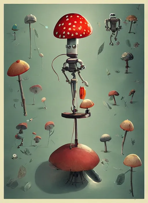 Image similar to a lively and whimsical apothecary where chrome robots shop grows from the stalk of a giant mushroom, cgsociety, siggraph, dystopian scifi, concept art, set design, oleg oprisco, conrad roset, anka zhuravleva, gediminas pranckevicius