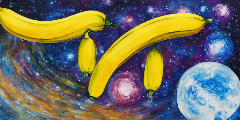 Image similar to banana hat in outer space, acrylic on canvas, breathtaking realistic, photorealistic in the style of realism