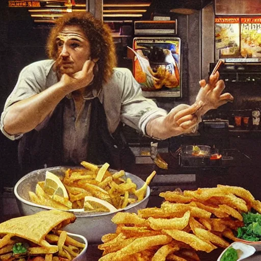 Prompt: 1980s Fast Food commercial photograph of a dish made with lemons, crispy chicken, fried pickles and jalepenos, Lemon sauce dripping over it, in the style of greg rutkowski, symetrical,oryantalist, photo realistic, 8k, epic, ultra detailed, by Gustave Doré, by Marco Turini, by Artgerm, Deviantart in the style of Tom Bagshaw, Cedric Peyravernay, Peter Mohrbacher by William-Adolphe Bouguereau, by frank frazetta, symetrical features, joyful