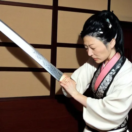 Prompt: japanese swordswoman cleaning off her! sword