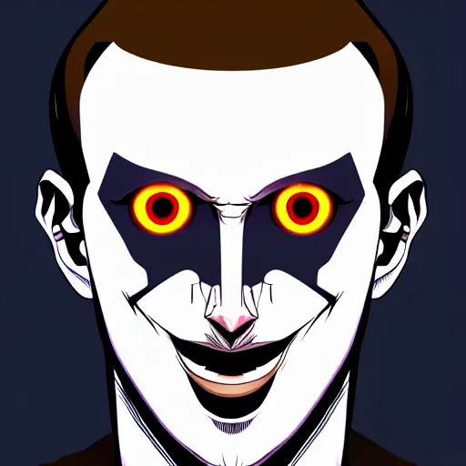 Prompt: solid glowing eyes, digital portrait of Mark zuckerburg face with solid glowing eyes, cover art of graphic novel, evil laugh, menacing, Machiavellian puppetmaster, villain, simple style, solid colors, clean lines, clean ink, trending on artstation