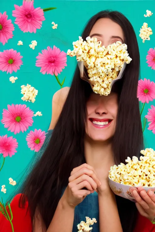 Prompt: portrait of a happy girl, lots of flowers and popcorn around, hyperrealistic, hightech