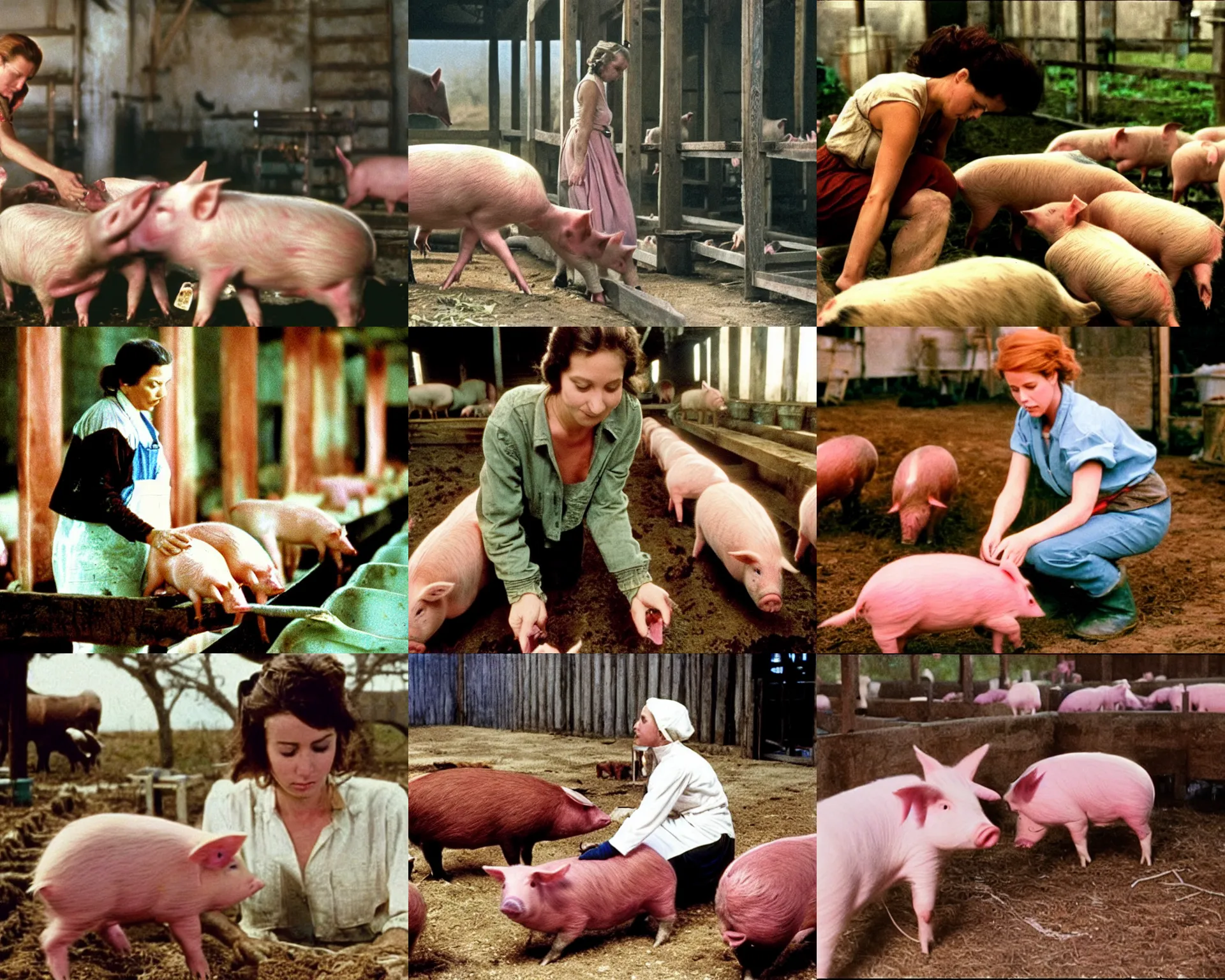 Prompt: color film still, a beautiful woman tending to pigs in a piggery. ; babe ( 1 9 9 5 )