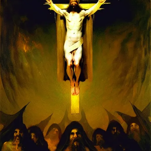 Prompt: jesu christ wearing blindfold!!!!! sitting on a huge!!!! throne of entwined bodies, elegant, ominous, highly detailed painting by goya!!! phil hale!! gaston bussiere, craig mullins, j. c. leyendecker, 8 k, mid shot